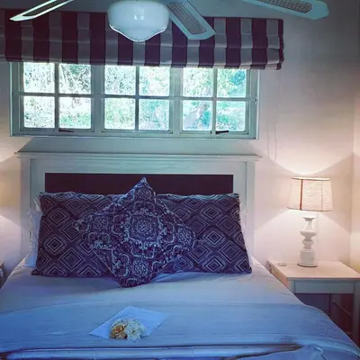 a bedroom with a bed with a pillow and a window at Little Willow Brooke in Franschhoek
