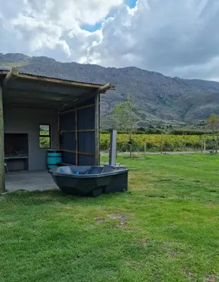 a boat sitting in the grass in front of a house at River Edge in Romansrivier