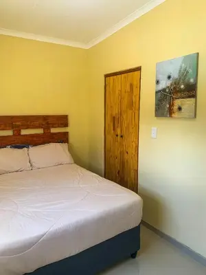 a bedroom with a bed and a wooden door at ALIAHIDI in Cape Town