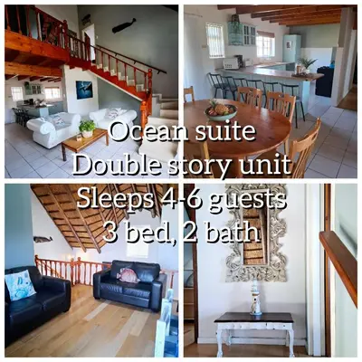 a collage of three pictures of a living room and dining room at Mond Kleine Guest House in Kleinmond
