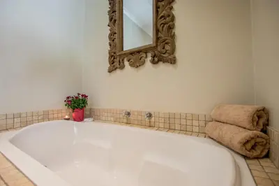 a white bath tub in a bathroom with a mirror at Hoogwater Farmhouse in Wolseley