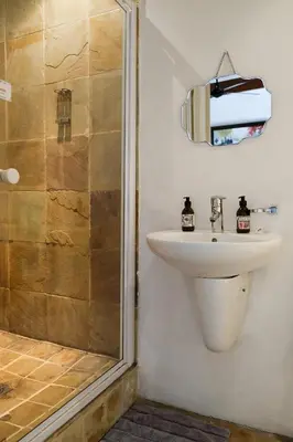 a bathroom with a sink and a shower at Old Potters Inn in Greyton