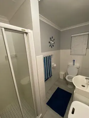 a bathroom with a shower and a toilet and a sink at CView in Hermanus