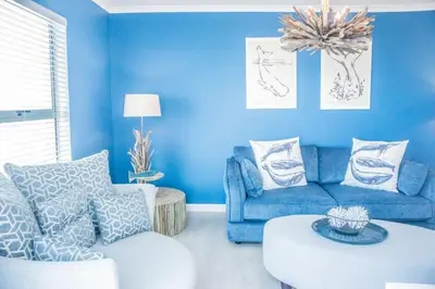a blue living room with a couch and a table at Whale Rock 40 in Hermanus