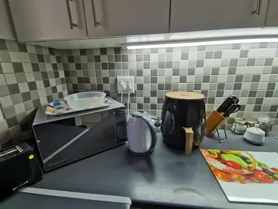 a kitchen counter with a toaster and a microwave at Guinea Fowl Self Catering in Cape Town