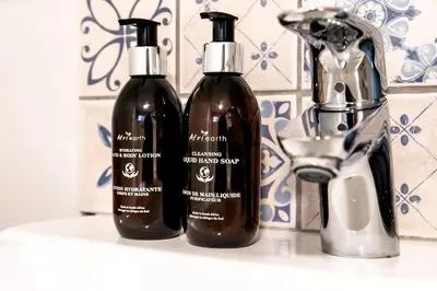 three bottles of soap sitting on a bathroom sink at Milas Place Spacious & Comfortable at Bayview in Hermanus