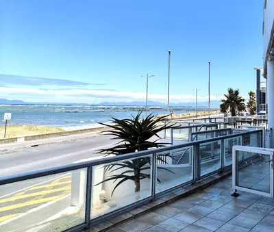 a palm tree on a sidewalk next to the beach at Tranquil Impulse on Strand in Cape Town