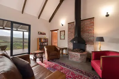 a living room with a fireplace and a couch at Fynbosrust in Wolseley