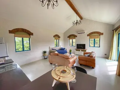 a living room with leather furniture and a chandelier at Sunset Beach holiday accommodation in Cape Town