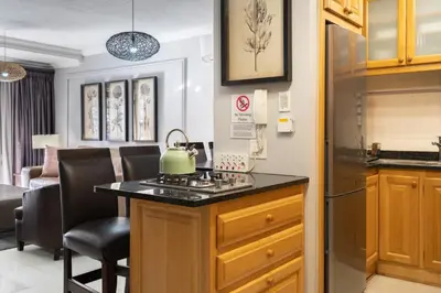 a kitchen with a stove and a refrigerator at Avemore Jan Cats No 5 full backup power in Stellenbosch