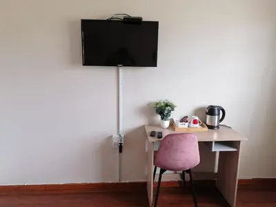a desk with a pink chair and a tv on a wall at Proleefic House on Florence in Bellville