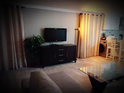 a living room with a flat screen tv and a table at Bay-Side Apartment, Gordon's Bay in Gordonʼs Bay