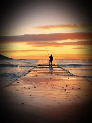 a person fishing on the beach at sunset at Bay-Side Apartment, Gordon's Bay in Gordonʼs Bay