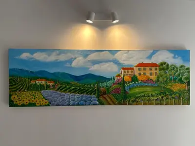 a painting of a vineyard on a wall at Strelitzia, spacious with a stunning view in Cape Town