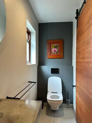 a bathroom with a toilet with a picture on the wall at Hidden Gem on Onrus River in Hermanus