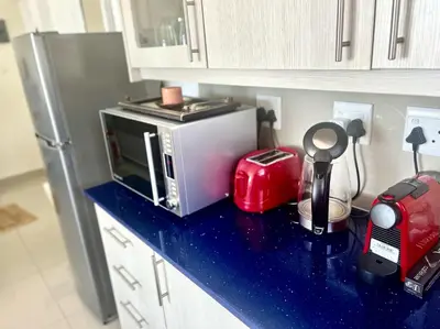 a kitchen counter with a microwave and a red appliance at Seaview Sunset Boutique Apartments Gordonsbay Solar powered in Cape Town