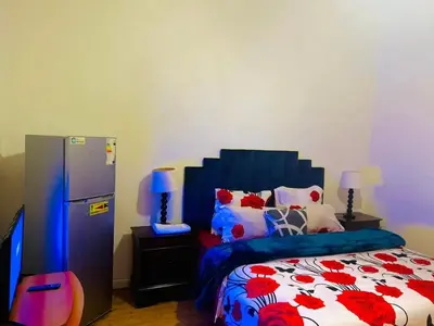 a bedroom with a bed with a blue head board at Peaceful getaway in Cape Town