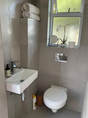 a bathroom with a toilet and a sink and a window at Bird Song Cottage - Table View in Cape Town