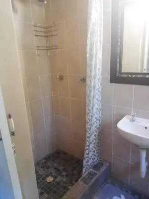 a bathroom with a shower and a sink at Teas & Seas Self Catering Cottage in Cape Town