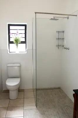 a bathroom with a toilet and a glass shower door at Die Kelderhuis in Breerivier