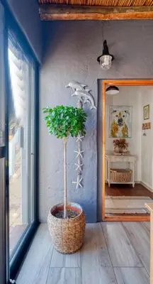 a potted tree in a room with a mirror at Rox Villa in Rooiels