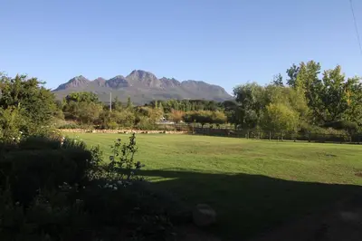 a field of grass with mountains in the background at Aan De Vliet Guest House in Stellenbosch