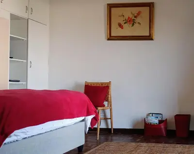 a bedroom with a red bed and a chair at Saxenburg Wine Farm in Kuilsrivier