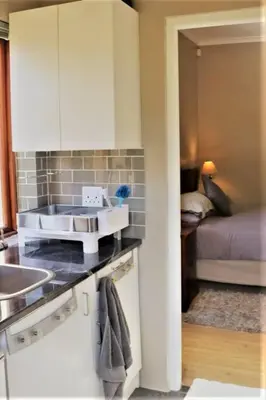 a kitchen with a sink and a bedroom with a bed at Tranquility Studio in Somerset West