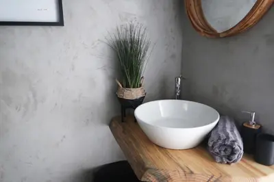 a bathroom with a white bowl on a wooden counter with a plant at Quiet hidden gem in historic Stellenbosch in Stellenbosch