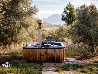 a wooden hot tub in a field with trees at Wagyu Mountain Lodge in Paarl