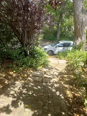 a stone walkway with a car parked next to a tree at Lucano 1 Stellenbosch in Stellenbosch