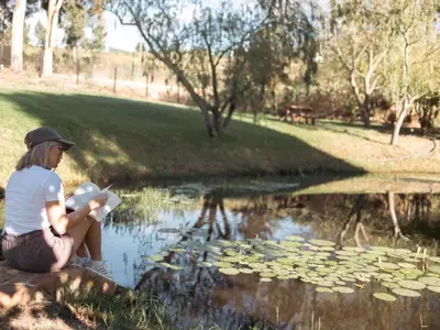 a woman sitting on a rock next to a pond at Ou Meul Farm Cottage in Botrivier