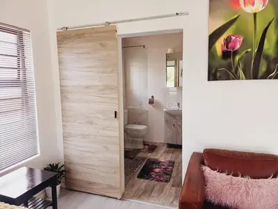 a bathroom with a sliding door with a toilet at Cosy Nest - Uncapped Wi-fi & Self Check-in in Cape Town