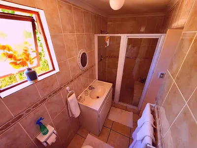a bathroom with a sink and a shower and a toilet at Durbanville Pool House in Durbanville