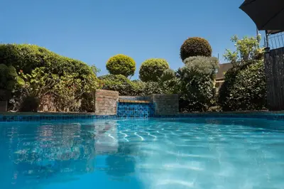 a swimming pool in front of a garden with bushes at Grandview Guesthouse in Cape Town