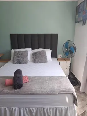a bedroom with a bed with a stuffed animal on it at Olivia's guest house in Cape Town