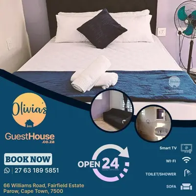 a poster for a guest house with a bed and a sign that reads quest house at Olivia's guest house in Cape Town