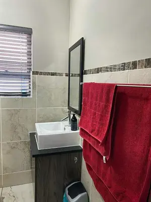 a bathroom with a sink and a red towel at 81 on Groenewoud in Cape Town