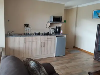 a kitchen with a counter with a stove and a microwave at Elim Rest Place in Fisherhaven