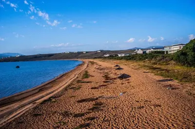 an empty beach with umbrellas and the water at Benguela Cove - Coastal Retreat in Hermanus