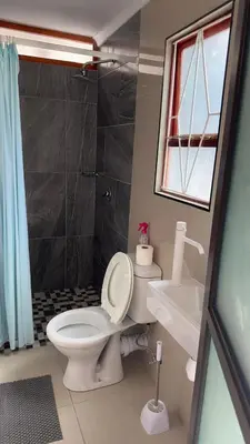 a bathroom with a toilet and a shower and a sink at MELJAA STAR Guesthouse in Cape Town
