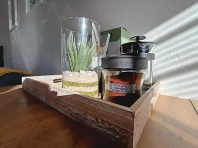a wooden tray with a vase with a plant in it at Dalau on Main in Paarl