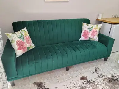 a green couch in a living room with two pillows at Ladamon 3 in Paarl