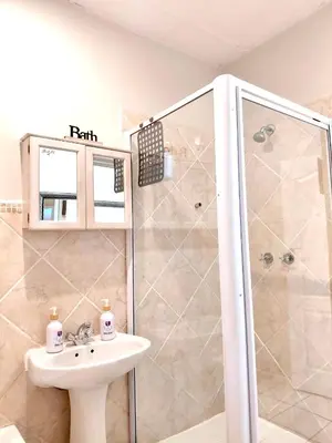 a bathroom with a shower and a sink at The Skinny Expat - Paarl - Self Catering Apartment in Paarl