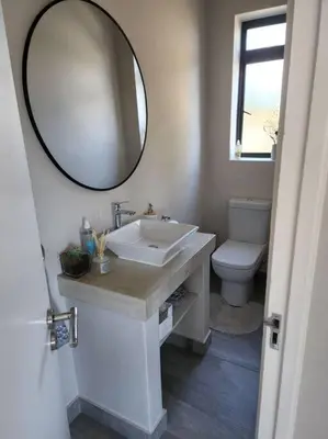 a bathroom with a sink and a mirror and a toilet at 4 Bed Selfcatering River Tree House overlooking the Onrus river in Hermanus