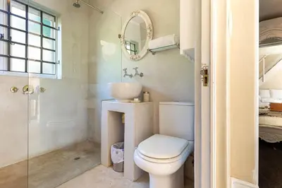 a bathroom with a toilet and a sink and a mirror at Devon Castle Forest Lodge in Stellenbosch
