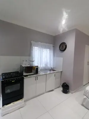 a kitchen with a stove and a microwave at Mila Lodge 1 in Cape Town