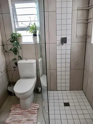 a bathroom with a toilet and a shower with a window at 22's Company in Cape Town