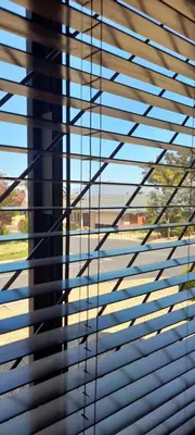 a window with wooden blinds on it with a view of trees at S & V Accommodation in Cape Town