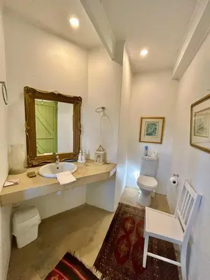 a bathroom with a sink and a mirror and a toilet at The Annex in Pringle Bay